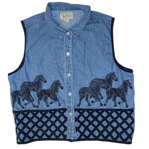 Tantrums Vintage Denim Zebra Embroidered Button Front Vest Womens 1X Blue Cotton